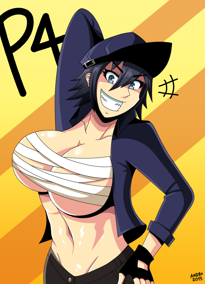 1girl 2015 abs alternate_breast_size androjuniarto bandage bandages big_breasts black_gloves blue_cap blue_eyes blue_hair blue_hat blue_shirt breasts cap cleavage clenched_teeth clothing confident dated eyelashes female_only fingerless_gloves fully_clothed grin hat high_res huge_breasts looking_at_viewer muscular_female naughty_face navel open_shirt persona persona_4 posing presenting presenting_breasts seductive seductive_smile sexually_suggestive shiny_hair shiny_skin shirogane_naoto shirt short_hair signature smile text tomboy under_boob video_game video_games voluptuous yellow_background