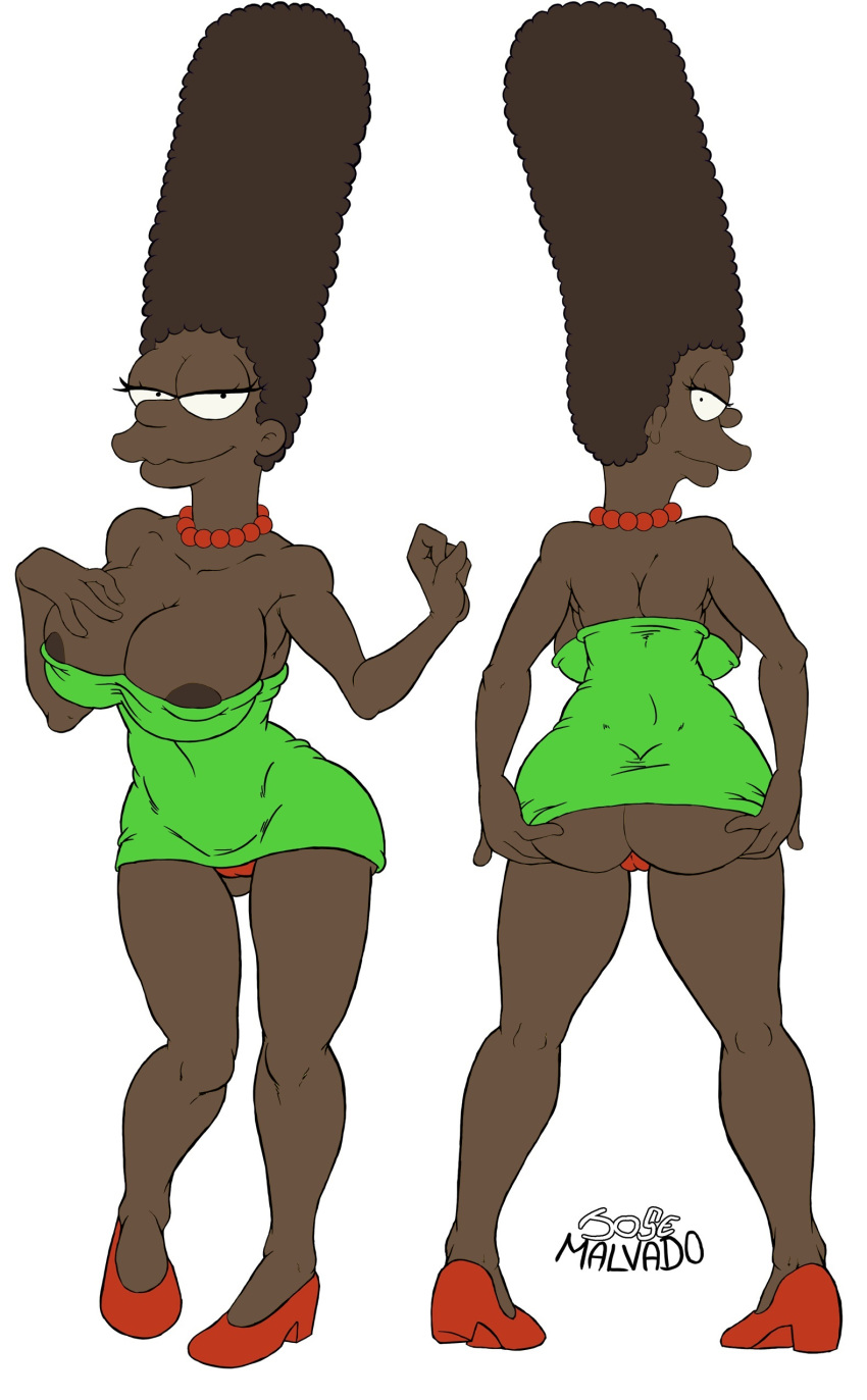 1girl ass big_breasts breasts brown_skin clothes eyelashes hands_on_ass hands_on_own_ass happy hips josemalvado large_ass large_lips lips looking_at_viewer marge_simpson milf nipples pussy round_ass slut the_simpsons white_background whore wide_hips