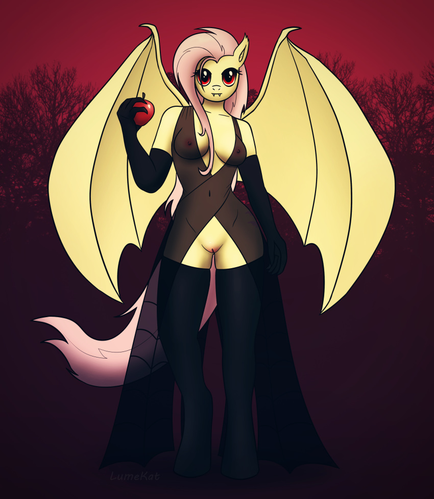 1girl 1girl 2017 absurd_res anthro anthrofied apple armwear bat_pony bat_wings breasts clothing dress elbow_gloves fangs fluttershy_(mlp) food friendship_is_magic fruit furry gloves hair high_res holding_object legwear looking_at_viewer lumekat membranous_wings my_little_pony navel nipples outside pink_hair pussy red_eyes stockings stockings translucent transparent_clothing wings