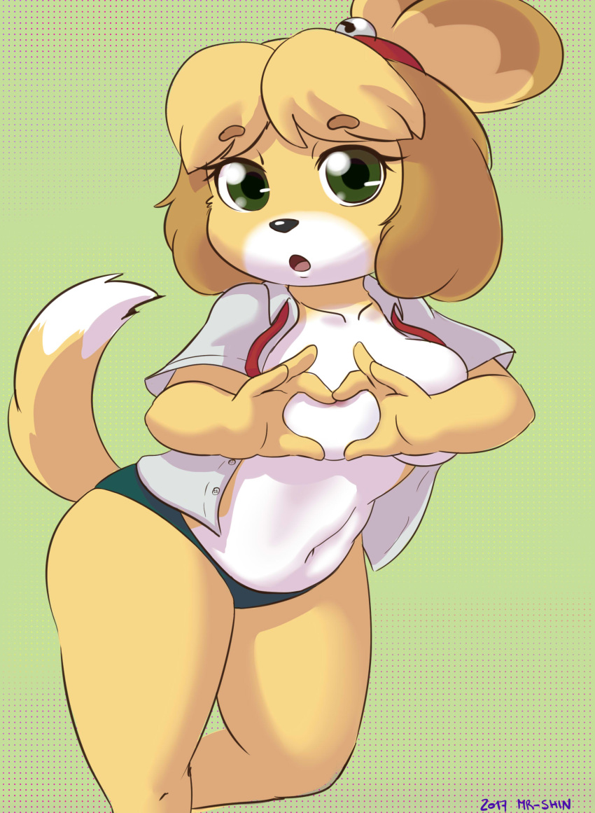 1girl 1girl 2017 absurd_res animal_crossing anthro black_nose breasts canine clothed clothing dipstick_tail dog dotted_background furry green_eyes high_res isabelle_(animal_crossing) looking_at_viewer mammal multicolored_tail navel nintendo open_mouth open_shirt panties pattern_background shih_tzu shinsuke simple_background underwear video_games