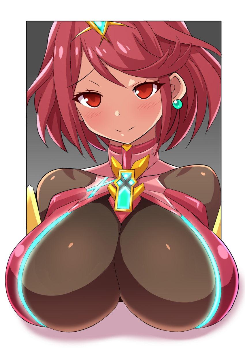 1girl bangs bedroom_eyes big_breasts blush breasts bust cleavage earrings hair_ornament heroine konno_tohiro looking_at_viewer nintendo pyra red_eyes red_hair smile xenoblade_chronicles xenoblade_chronicles_2
