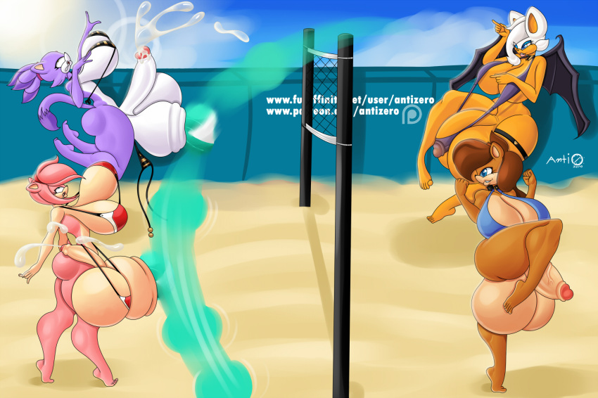 4girls amy_rose anthro antizero ballbusting beach bikini blaze_the_cat breasts bulge cum female female_only futanari huge_penis hyper hyper_penis hyper_testicles knockout rouge_the_bat saliva sally_acorn sonic_(series) thick_thighs volleyball voluptuous white_fur wide_hips wings