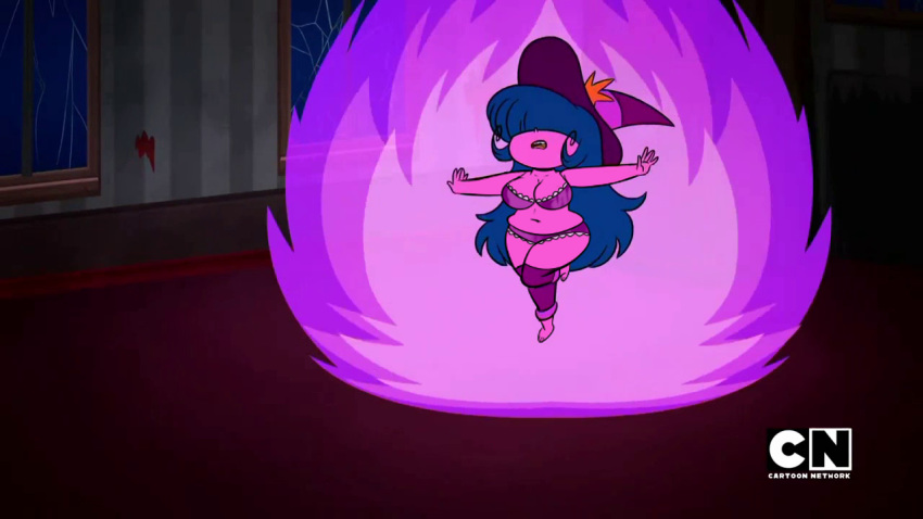 1girl blue_hair bra chubby cleavage mighty_magiswords panties pink_skin witch_hat witchy_sparkles