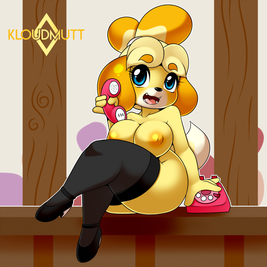 1girl 2017 3_fingers animal_crossing anthro areola black_nose blue_eyes breasts canine clothing crossed_legs dog footwear furry high_res holding_object holding_phone isabelle_(animal_crossing) kloudmutt legwear looking_at_viewer mammal nintendo nipples open_mouth phone shih_tzu sitting stockings video_games