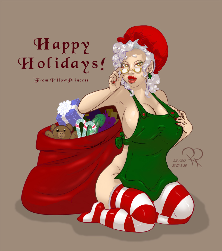 2pillowprincess christmas glasses hat mrs._claus naked_apron sexy white_hair