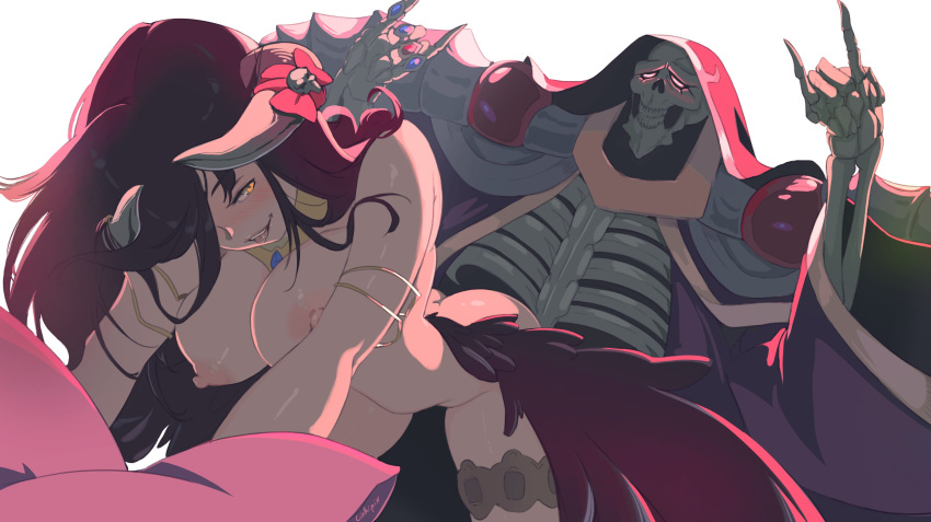 16:9_aspect_ratio 1boy 1girl \m/ ainz_ooal_gown albedo all_fours armor asymmetrical_legwear backlighting big_breasts black_hair blush breasts cloak clothed_male_nude_female demon_girl demon_horns doggy_position glowing glowing_eyes high_resolution hood hooded_cloak horn_ornament horn_ribbon horns jewelry lich litchipix long_hair low_wings m/ male nipples nose_blush nude overlord_(maruyama) pillow ribbon ring sex sex_from_behind shoulder_armor single_thighhigh skeleton skull_ornament stockings taken_from_behind unaligned_breasts very_high_resolution white_background wings yellow_eyes