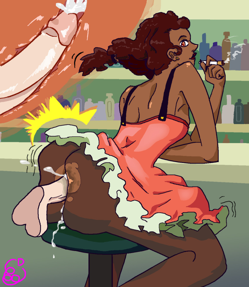 1boy 1girl alcohol anal arched_back bar bare_shoulders black_nails cell_shading crossed_arms cum cum_in_ass cum_inside curly_hair curvaceous dark-skinned_female dark_skin disembodied_penis earrings female_focus frilled_dress frilled_skirt internal_cumshot interracial large_ass looking_at_viewer looking_back mature_woman pantyhose penetration pink_dress precum red_eyes red_hair red_lipstick ripped_panties shiny_skin short_dress sitting sitting_on_chair sixdsix skirt smoking spread_legs stud_earrings thrusting x-ray