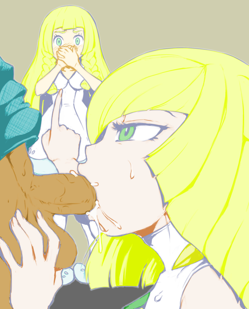 1_boy 1boy 2_girls 2girls aether_foundation blonde blonde_hair blush clothed colored covered_mouth covering_mouth cum cum_in_mouth fellatio female female_human green_eyes hands_over_mouth human human/human index_finger light-skinned_female lillie lillie_(pokemon) long_hair lusamine male male/female male_human milf mother_&amp;_daughter oral oral_sex penis penis_in_mouth pokemon pokemon_(game) pokemon_sm porkyman randomboobguy saliva shocked side_view_fellatio surprised sweating testicle