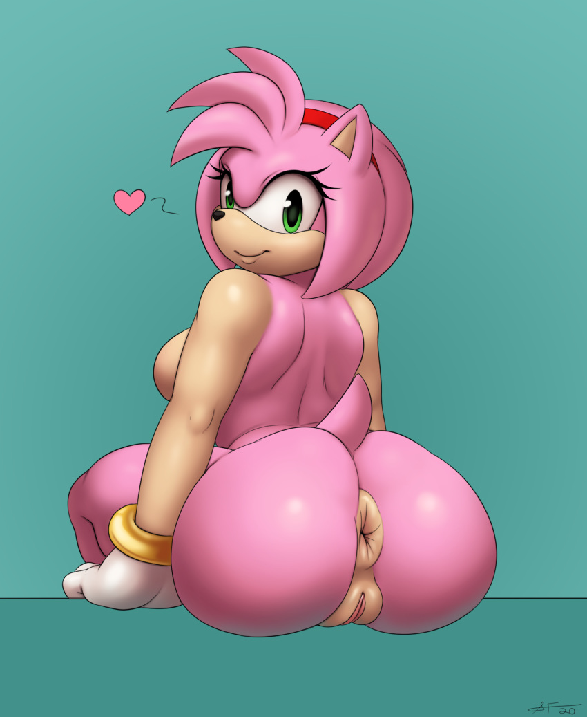 1girl 1girl 1girl amy_rose anthro anus ass back bangle black_nose bracelet breasts bubble_butt closed_mouth completely_nude countershading dat_ass derivative_work eyelashes female_only female_solo furry gloves green_eyes hairband head_turned heart high_resolution jewelry large_ass looking_at_viewer looking_back nude pink_fur pink_hair pussy short_hair short_tail sideboob simple_background slimefur smile sonic_the_hedgehog_(series) tail white_gloves