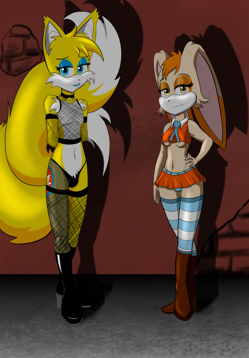 1girl anthro blue_eyes breasts canine clothed clothing collar cream_the_rabbit dipstick_tail duo femboy fishnet fishnet_armwear fishnet_legwear footwear fox fur furry high_heels highres lagomorph legwear male mammal miles_"tails"_prower multi_tail multicolored_tail prostitution rabbit sega shoes smile stockings
