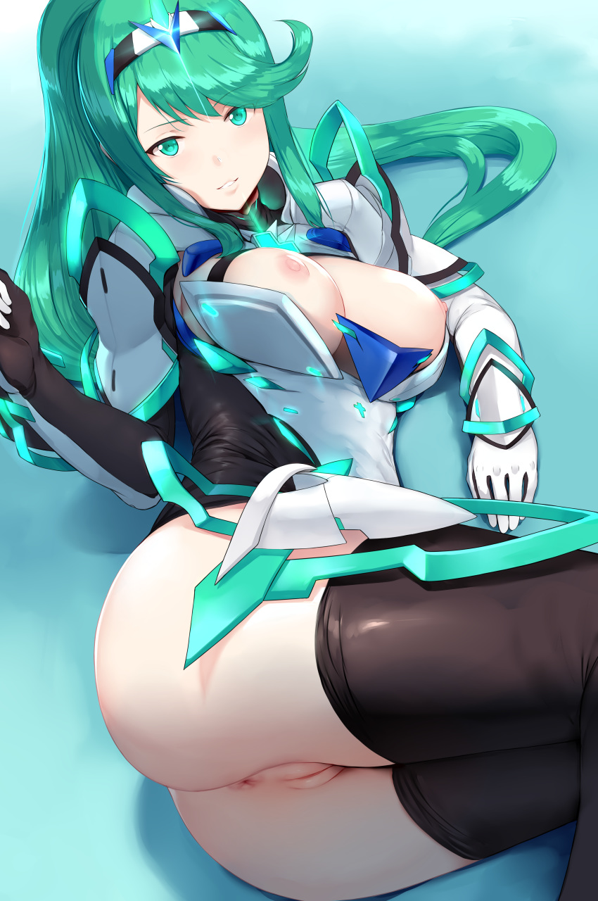1girl alluring anus aqua_eyes aqua_hair arm_guards arm_support armor ass bangs big_breasts black_legwear bodysuit breasts breasts_out_of_clothes cleavage_cutout curvaceous elbow_gloves faulds feet_out_of_frame female_only female_solo gem gloves glowing hews_hack high_resolution hikari_(xenoblade_2) homura_(xenoblade_2) large_filesize long_hair looking_at_viewer lying mythra nintendo nipples no_bra nopan on_side open_clothes paid_reward panties parted_bangs patreon_reward pneuma_(xenoblade) pneuma_(xenoblade_2) pussy pyra shiny shiny_hair shoulder_pads sidelocks smile spoilers stockings swept_bangs underwear very_high_resolution very_long_hair xeno_(series) xenoblade_(series) xenoblade_chronicles_2