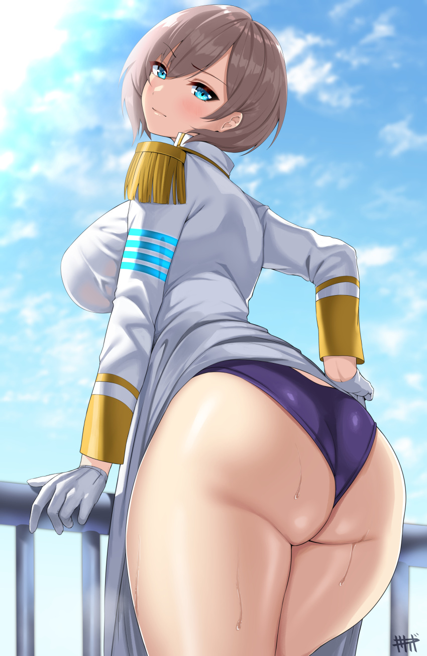 1girl 1girl 1girl ass ass big_ass big_ass big_breasts big_breasts blue_eyes dat_ass fat_ass female_only gloves kisaragi_tsurugi large_ass looking_at_viewer looking_back mujina short_hair solo_female ssss.dynazenon thick thick_ass thick_thighs thighs voluptuous