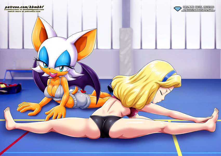 anthro ass bbmbbf big_ass big_breasts blonde_hair breasts cleavage female maria_robotnik mobius_unleashed palcomix pietro's_secret_club rouge_the_bat sega sonic_(series) sonic_the_hedgehog_(series) stretch stretching