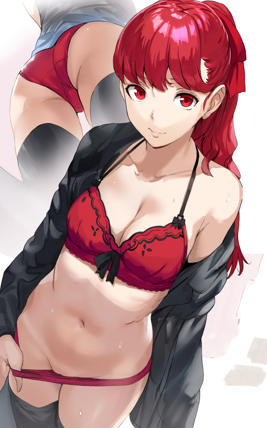 1girl absurd_res belly big_breasts bra female_focus female_only grin hews_hack high_res high_resolution kasumi_yoshizawa long_hair looking_at_viewer megami_tensei panties persona persona_5 persona_5_the_royal red_bra red_eyes red_hair red_panties smiling_at_viewer solo_female solo_focus sumire_yoshizawa sweat taking_clothes_off