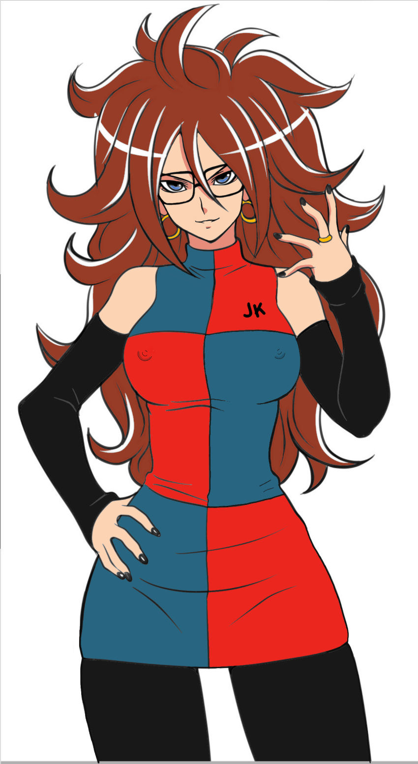 1girl android_21 artist_request bare_shoulders black_nail_polish brown_hair curly_hair dragon_ball dragon_ball_fighterz earrings elbow_gloves erect_nipples fingerless_gloves fully_clothed glasses hand_on_hip long_hair looking_at_viewer nail_polish simple_background standing white_background