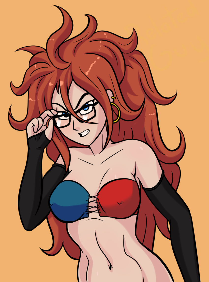 1girl android_21 blue_eyes breasts brown_hair covering_breasts detached_sleeves dragon_ball dragon_ball_z earrings elbow_gloves fingerless_gloves front-tie_top glasses long_hair looking_at_viewer navel relatedguy simple_background teeth upper_body
