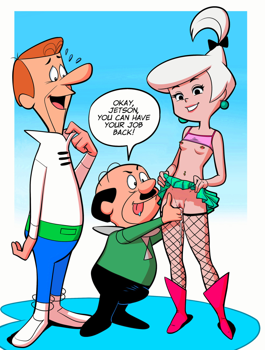 boots breasts erect_nipples fingering fishnets george_jetson judy_jetson mr._spacely pussy_juice shaved_pussy skirt_lift the_jetsons
