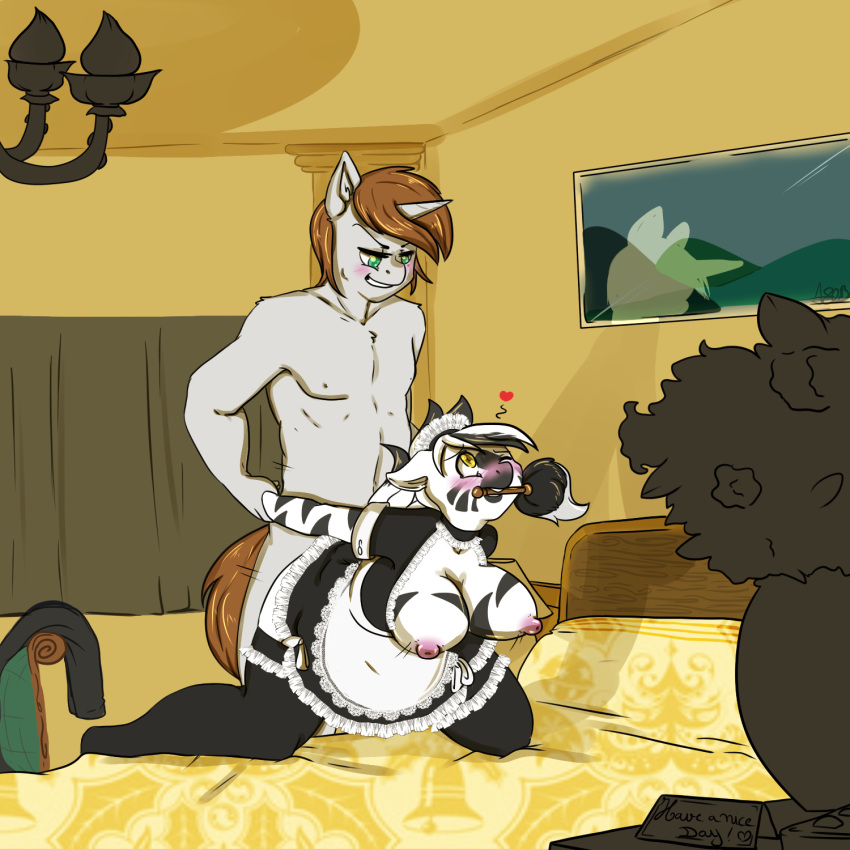1girl anthro arnachy bed bouncing_breasts breasts clothing digital_media_(artwork) duo equine fan_character friendship_is_magic from_behind_position furry hasbro hex_pen_(oc) high_res horn kneel lace maid_uniform male male/female mammal my_little_pony nipples pyrite_(oc) sex stripes unicorn uniform zebra