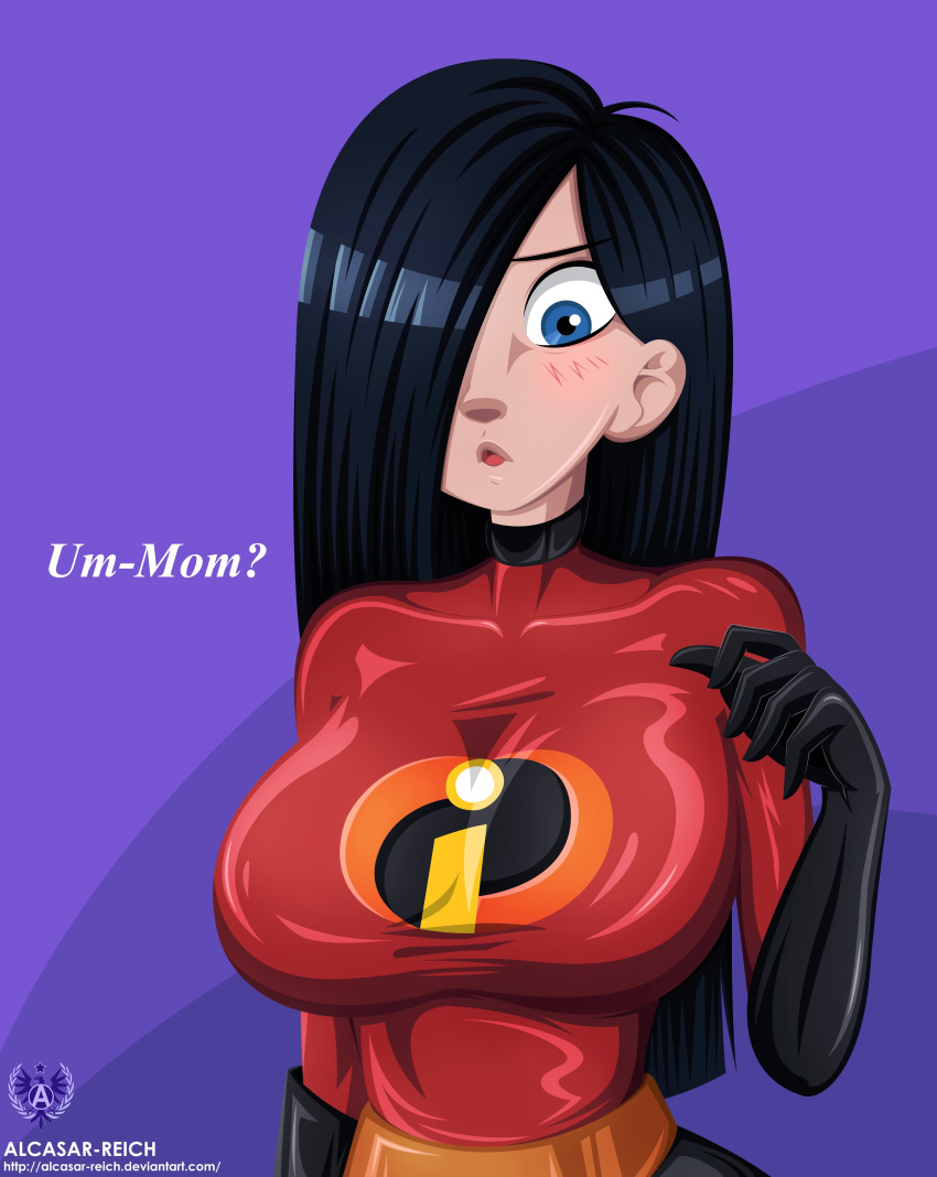 alcasar-reich alcasar-reich_(artist) big_breasts black_hair blue_eyes bodysuit breasts disney female one_eye_covered pixar solo the_incredibles violet_parr