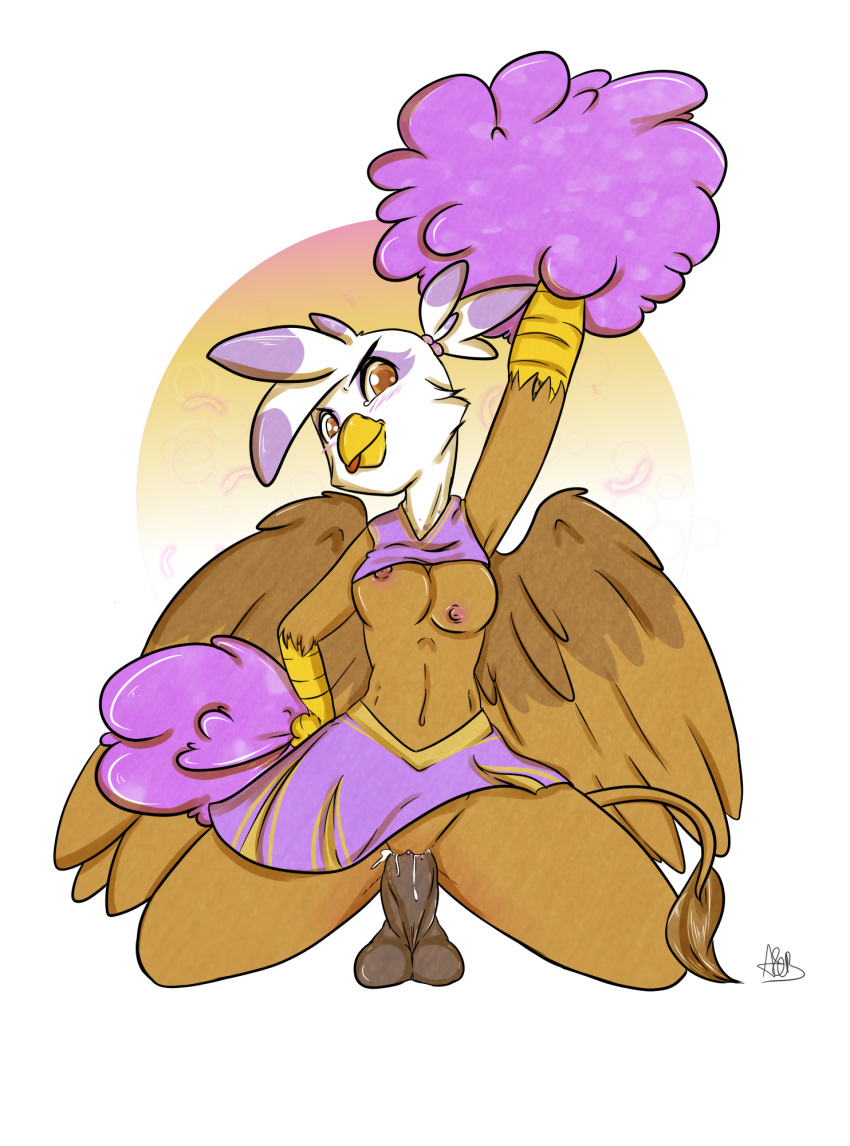 1girl 2013 amber_eyes anthro anthrofied arnachy avian beak blush bottomless breasts brown_feathers brown_fur cheerleader clothed clothing cum cum_in_pussy cum_inside digital_media_(artwork) dildo dildo_sitting feathered_wings feathers friendship_is_magic fur furry gilda_(mlp) gryphon high_res kneel looking_at_viewer masturbation my_little_pony navel nipples non-mammal_breasts penetration pom_poms purple_feathers pussy raised_arm sex_toy spread_legs spreading testicles tongue tongue_out topless toying_self vaginal vaginal_masturbation vaginal_penetration white_feathers wings