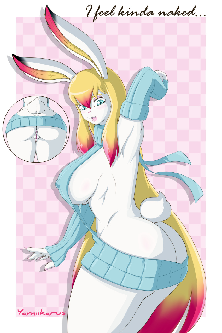 1girl 2017 anthro anus armwear ass bare_back big_breasts blonde_hair blue_eyes border breasts close-up clothed clothing detached_sleeves fur furry hair high_res lagomorph long_hair looking_down lully_pop mammal multicolored_hair nipples open_mouth pattern_background pussy rabbit raised_arm side_view sideboob simple_background smile standing sweater text tongue virgin_killer_sweater white_border white_fur yamiikarus