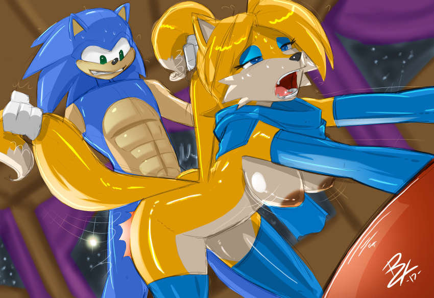 1boy 1girl anal anthro armwear breasts bridal_gauntlets canine cleavage clothed clothing collar crossgender cum doggy_position eyeshadow fox furry genderswap gloves hanging_breasts leash leggings legwear makeup male/female mammal miles_"tails"_prower millie_tailsko pussy scarf sega sex shonuff shonuff44 simple_background solo_focus sonic_*(series) sonic_the_hedgehog sonic_the_hedgehog_(series) spread_legs spreading stockings tail_grab