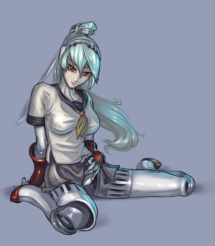 1girl 1girl blue_hair cutesexyrobutts elbow_gloves fingerless_gloves labrys long_hair looking_at_viewer panties persona persona_3 ponytail red_eyes robot school_uniform simple_background sitting skirt skirt_lift