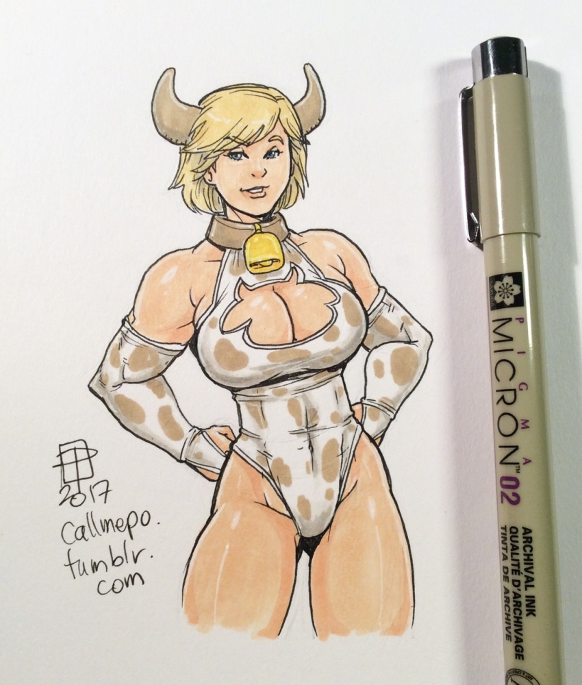 1girl 2017 alien bell big_breasts blonde_hair blue_eyes breasts callmepo cow_bell cow_costume cow_horns cow_print dc_comics fingerless_gloves gloves justice_society_of_america leotard muscle pinupsushi power_girl sexy shiny shiny_skin short_hair