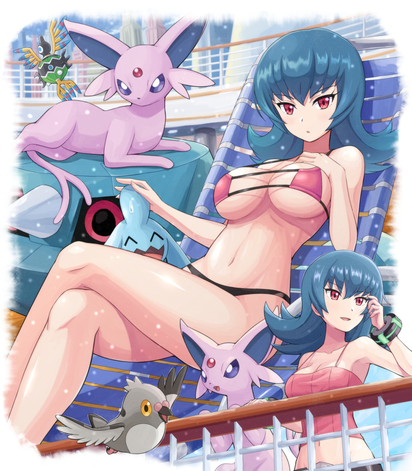 1_girl 1girl absurd_res alluring bangs bare_arms belt big_breasts bikini black_bikini blue_hair bracelet breasts building cleavage collarbone commentary_request creatures_(company) crossed_legs_(sitting) day espeon eyebrows_visible_through_hair eyelashes female female_human fence game_freak gen_2_pokemon gen_3_pokemon gen_5_pokemon high_res human humans_of_pokemon jewelry knees legs_crossed long_hair looking_at_viewer looking_to_the_side lying medium_breasts metang multiple_views natsume_(pokemon) navel nintendo on_back open_mouth outside pidove pink_eyes pokemoa pokemon pokemon_(creature) pokemon_(game) pokemon_hgss sabrina sabrina_(pokemon) shiny shiny_skin sigilyph smile soara swimsuit tongue wynaut
