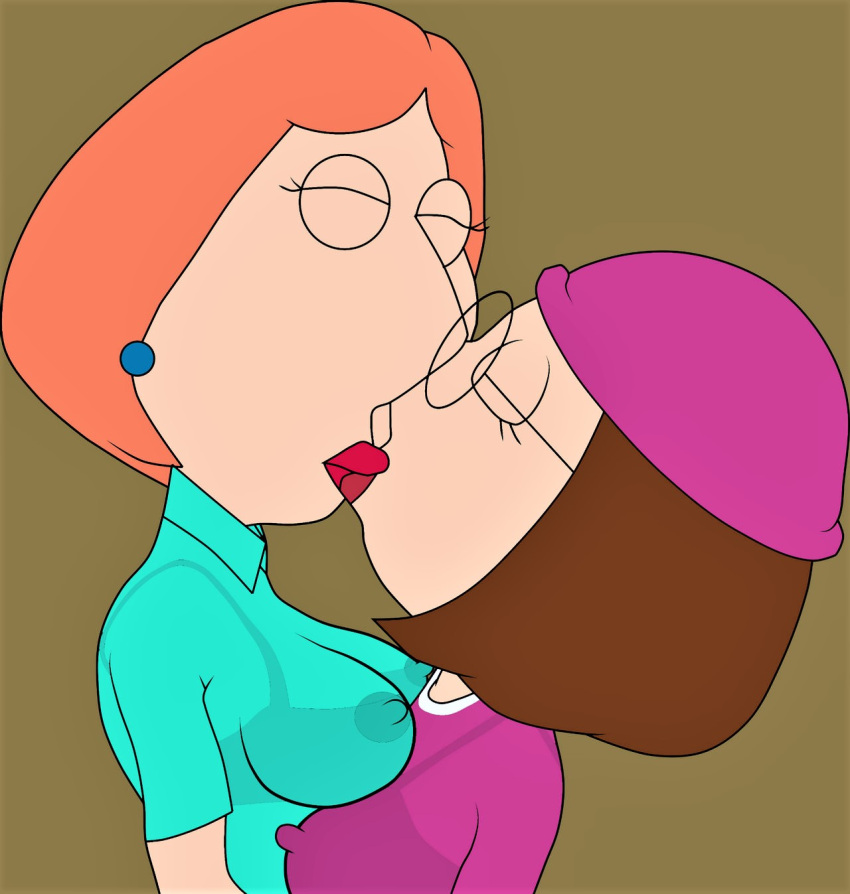 bra breasts closed_eyes erect_nipples family_guy glasses hat incest kissing lois_griffin meg_griffin see-through