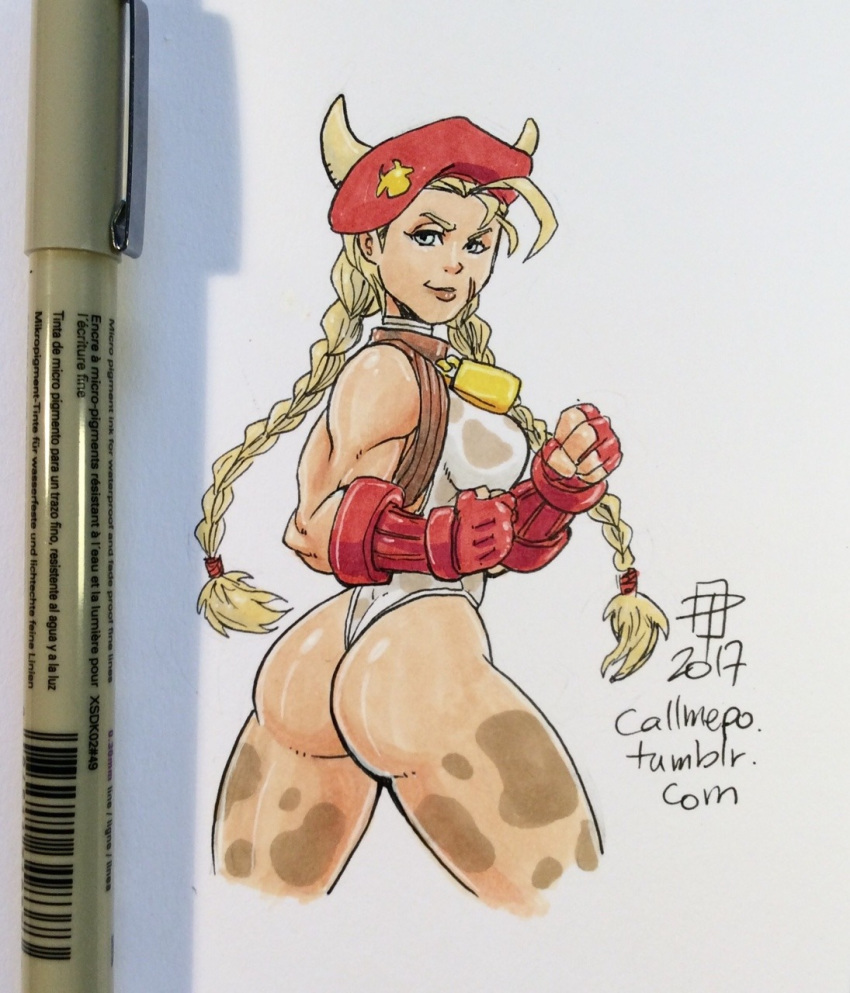 1girl 2017 bell blonde_hair breasts bubble_butt callmepo cammy_white capcom cow_bell cow_costume cow_horns cow_print fingerless_gloves gloves hat leotard muscle pinupsushi shiny shiny_skin stockings street_fighter twin_braids