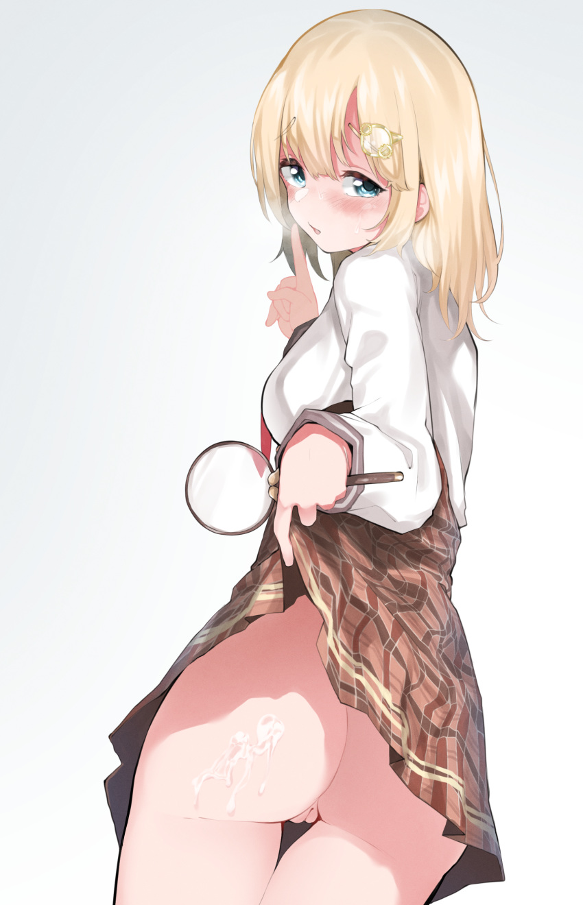 ass blonde_hair blouse blue_eyes blush high_resolution hololive hololive_english looking_back magnifying_glass neck_tie nopan pussy school_uniform semen semen_on_ass semen_on_body semen_on_lower_body simple_background skirt skirt_lift sweat uncensored uniform uxu very_high_resolution virtual_youtuber watson_amelia watson_amelia_ch. white_background white_blouse