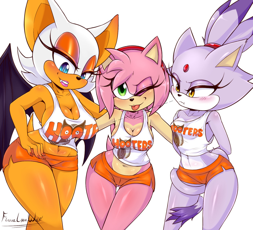 2017 3girls amber_eyes amy_rose anthro bat big_breasts black_nose blaze_the_cat blue_eyes blush breast_envy breast_size_difference breasts cat cleavage clothed clothing colored_nails eyelashes fangs feline female female_only flame-lonewolf furry green_eyes group hair hedgehog highres hooters large_breasts looking_at_breasts looking_at_viewer mammal midriff navel nipple_bulge one_eye_closed pink_hair purple_hair rouge_the_bat sega simple_background small_breasts sonic_(series) tongue tongue_out white_background white_hair wings wink