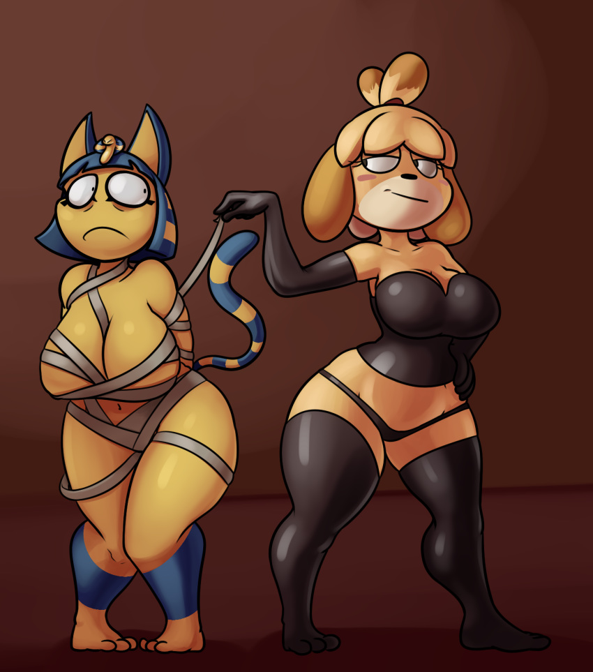 1girl 2016 animal_crossing ankha ankha_(animal_crossing) anthro anthrofied armwear big_breasts black_nose blonde_hair blue_hair breasts canine cat cleavage clothed clothing dog duo elbow_gloves eyelashes feline furry gloves hair hand_on_hip high_res huge_breasts isabelle_(animal_crossing) legwear mammal nintendo panties short_stack skimpy stockings thingshappen underwear video_games