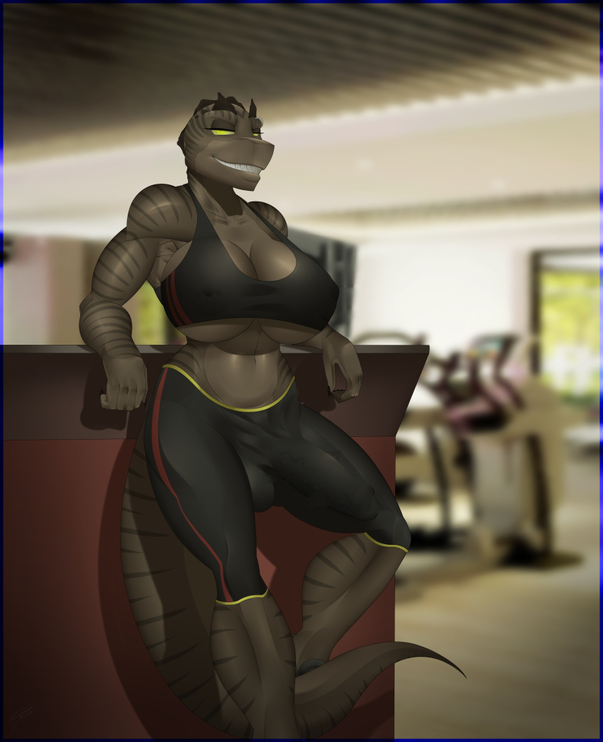 1girl anthro big_breasts big_bulge breasts bulge clothing dickgirl furry gym horn intersex lizard looking_at_viewer nolollygagging_(artist) penis_outline reptile scalie smile tight_clothing voluptuous