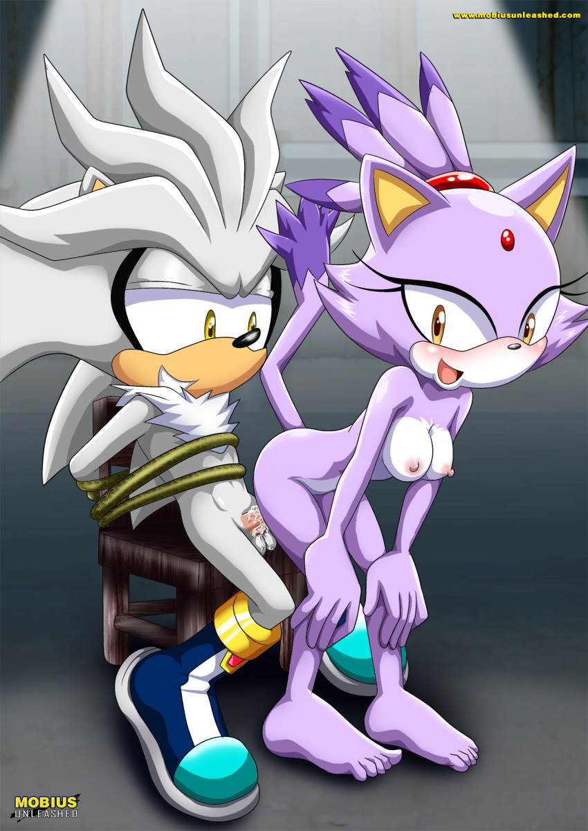 barefoot bbmbbf bdsm blaze_the_cat blush breast creampie cum_in_anus cum_inside erect_nipples looking_back mobius_unleashed palcomix sega silvaze silver_the_hedgehog sonic_(series) sonic_the_hedgehog_(series) toes