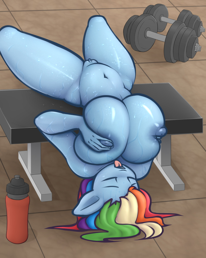 1girl 2017 absurd_res anthro anthrofied big_breasts breasts burstfire closed_eyes collaboration dumbbell elzzombie equine friendship_is_magic furry hair high_res huge_breasts mammal multicolored_hair my_little_pony navel nipples nude pussy rainbow_dash sweat tongue tongue_out weights