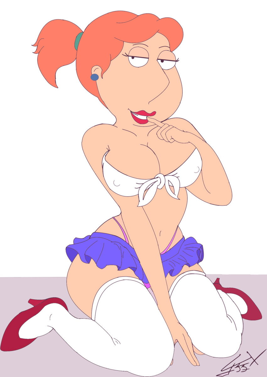 1girl big_nose breasts earring erect_nipples family_guy grin headband high_heels lipstick lois_griffin looking_at_viewer milf miniskirt nipples_through_clothes orange_hair ponytail signature simple_background wide_hips yaroze33_(artist)