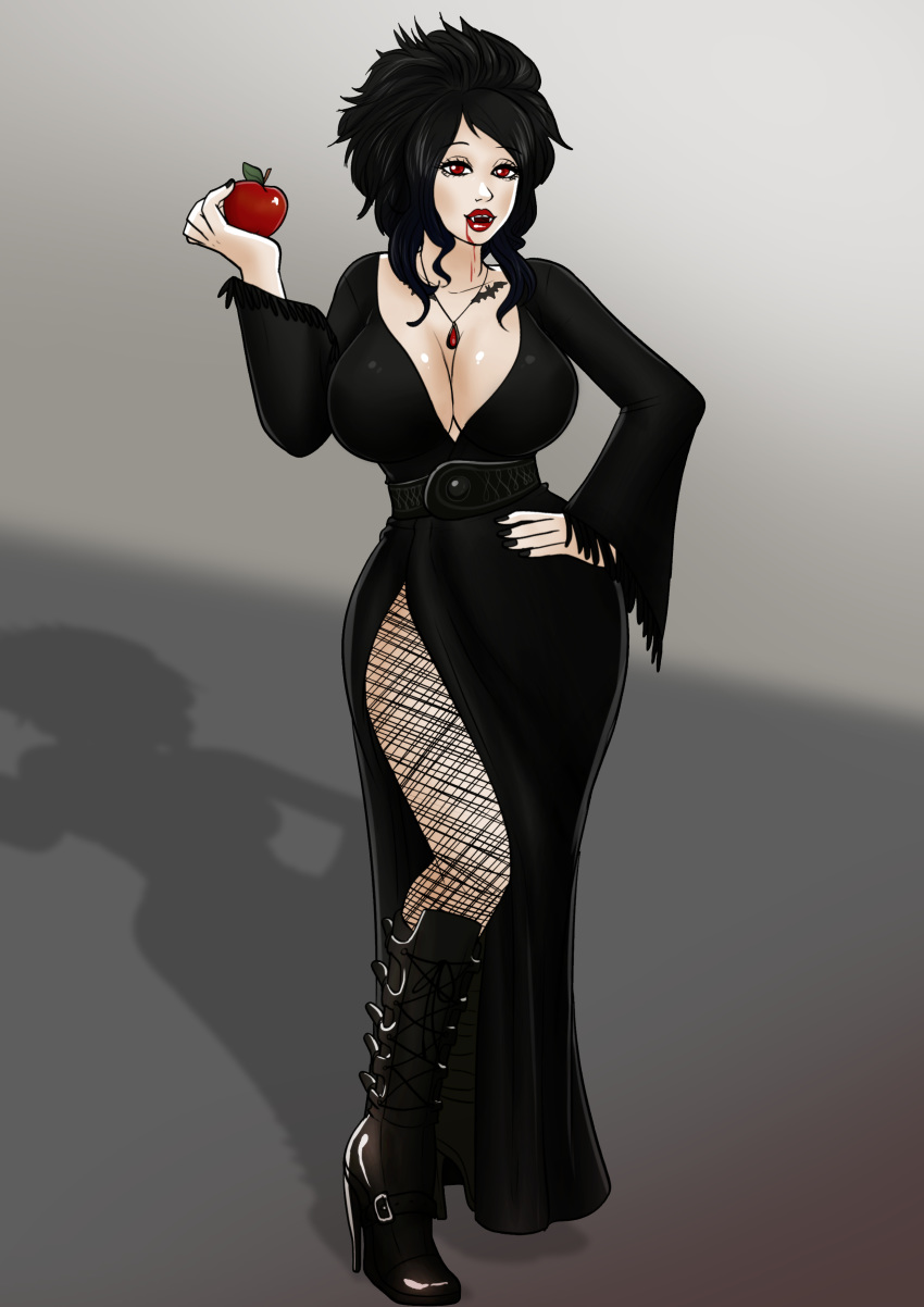 apple big_breasts blood boots breasts cleavage combat_boots curvy dress fangs fishnets goth hand_on_hip it'sblackfriday jewelry kahix red_eyes tattoos vampire youtuber