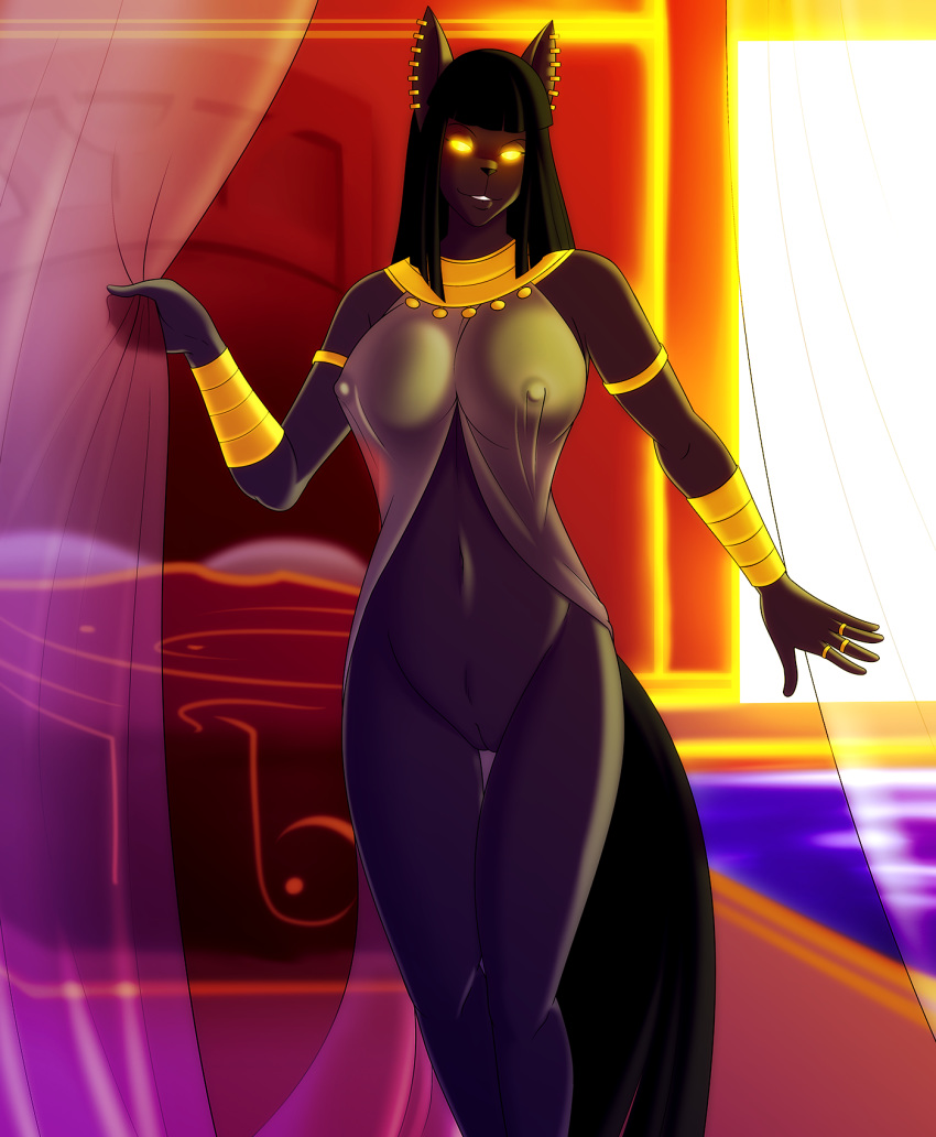 1girl 1girl 2015 anthro anubian_jackal bed big_breasts black_hair bottomless bracelet breasts canine clothed clothing curtains drapes ear_piercing egyptian furry glowing glowing_eyes gold_(metal) gold_jewelry hair high_res jackal jewelry looking_at_viewer mammal marik_azemus34 nightshade_(kadath) nipples nude piercing pose pussy ring sheer_clothing swimming_pool translucent transparent_clothing water yellow_eyes