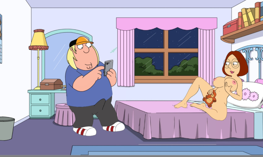 bedroom big_breasts brother_and_sister chris_griffin clothed_male_nude_female covered_pussy covering erection_under_clothes family_guy meg_griffin nude rupert_(family_guy) taking_picture