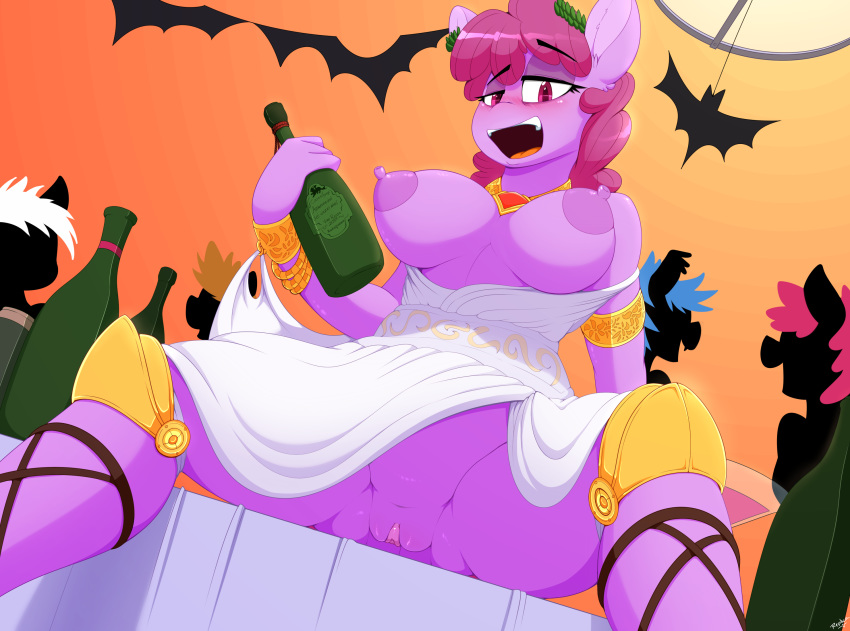1girl 2017 alcohol anthro anthrofied areola berry_punch beverage big_areola blush bottomless breasts clothed clothing cosplay dress drunk equine exhibitionism footwear friendship_is_magic furry group halloween high_res holidays horse jewelry knee_pads looking_at_viewer low-angle_view mammal my_little_pony nipples nude partial_nudity party pony public pussy replica_(artist) sandals solo_focus wine worm's-eye_view wreath