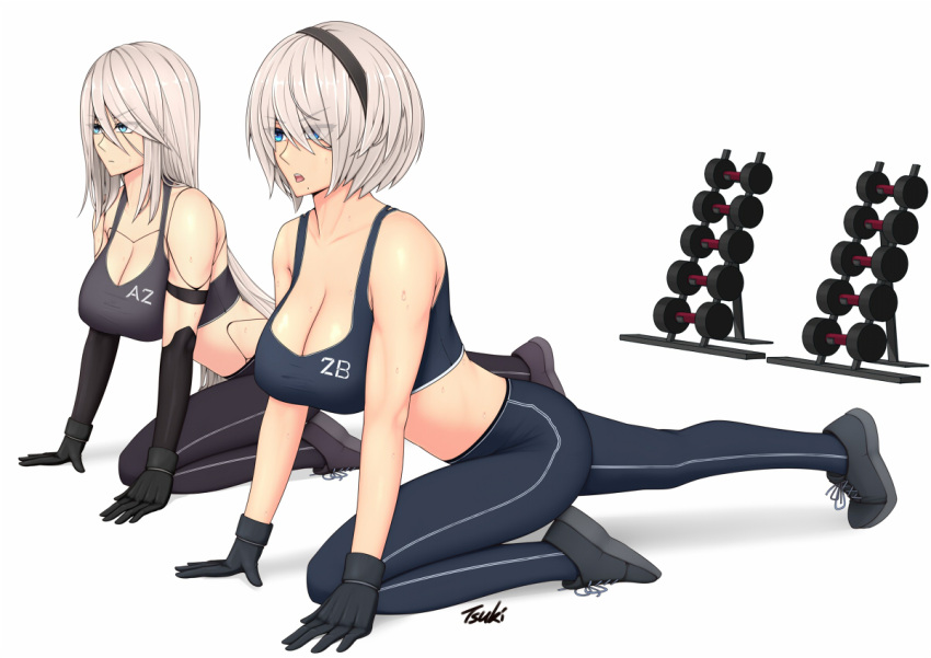 2_girls alluring android big_breasts black_footwear black_headband black_pants blue_eyes blue_pants breasts determined exercise expressionless headband long_hair mole mole_under_mouth multiple_girls nier:_automata nier_(series) pants ryu_seung shoes short_hair sneakers square_enix thighs weights white_background white_hair yoga_pants yorha_no._2_type_b yorha_type_a_no._2