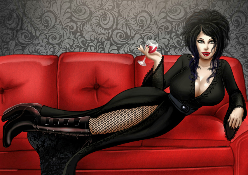 alcohol big_breasts breasts cleavage couch fangs it'sblackfriday vampire wine