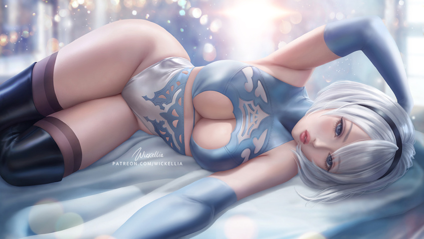 1girl alluring artist_name big_breasts black_hairband black_legwear blue_eyes blue_gloves breasts curvy elbow_gloves female_only gloves hairband lying nier:_automata nier_(series) on_side parted_lips patreon_username square_enix stockings thighs watermark web_address white_hair wickellia yorha_no._2_type_b