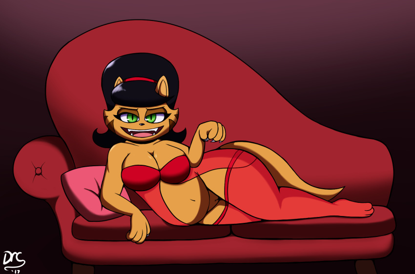 1girl 1girl 2017 anthro black_hair bottomless breasts brown_fur cat claws cleavage clothed clothing dr._chaos fangs feline fur furniture furry green_eyes hair half-closed_eyes lingerie looking_at_viewer mammal milf mrs._katswell nickelodeon parent pillow pussy sofa t.u.f.f._puppy