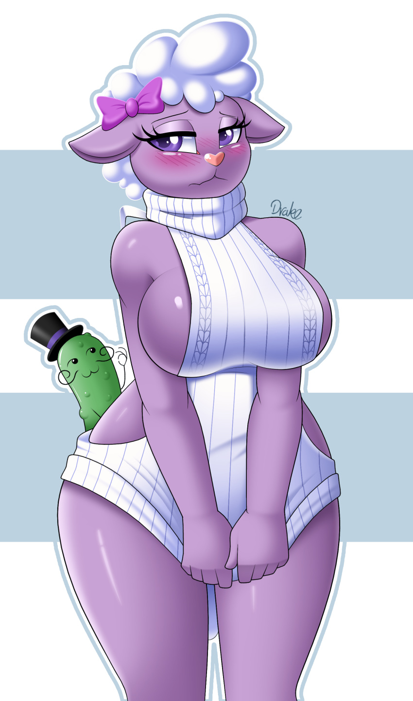 1girl 2017 absurd_res anthro big_breasts blush breasts caprine clothed clothing drako1997 eyelashes facial_hair food_creature furry happy_tree_friends hat high_res lammy_(htf) looking_at_viewer mammal mr._pickels_(htf) mustache pickle purple_eyes sheep sweater top_hat virgin_killer_sweater