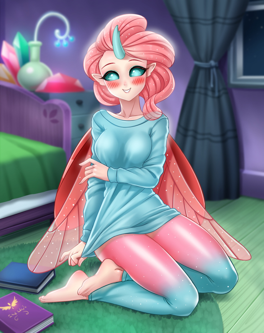1girl anthro anthrofied barefoot bed bedroom blush books changeling clothed female female_only friendship_is_magic horn horned_humanization humanized indoors kneeling looking_at_viewer my_little_pony ocellus ocellus_(mlp) on_knees racoonkun solo winged_humanization wings