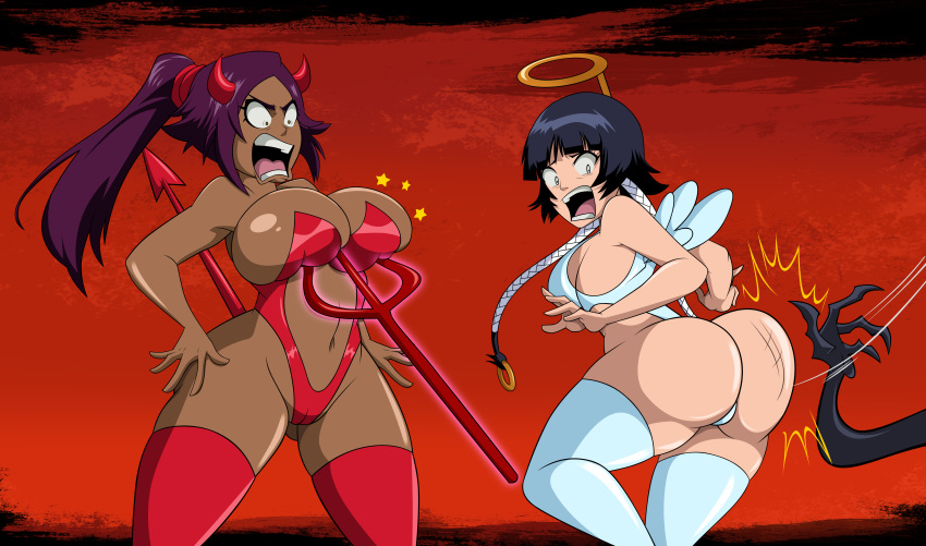 2_girls angel angel_and_devil angel_halo angel_wings ass ass_slap big_ass big_breasts bleach breasts cameltoe cleavage demon demon_horns demon_tail devil devil_and_angel devil_girl female_only funny grimphantom halo horns looking_back pitchfork slap soifon sui-feng tail weapon wings yoruichi_shihouin