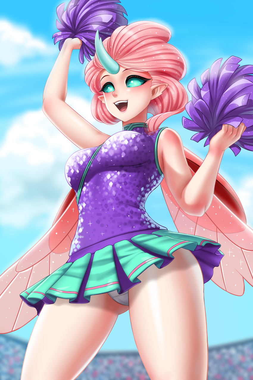 1girl anthro anthrofied bare_arms changeling cheerleader cheerleader_outfit cheerleader_uniform clothed female female_only friendship_is_magic horn horned_humanization humanized looking_at_viewer miniskirt my_little_pony ocellus ocellus_(mlp) outdoor outside panties pantyshot pom_poms public racoonkun skirt sleeveless solo standing upskirt winged_humanization wings